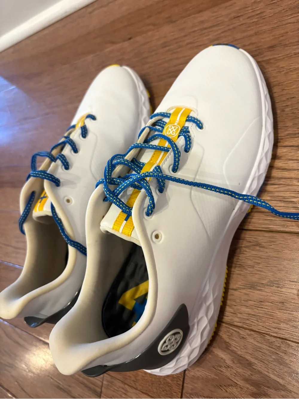G/FORE White Sneakers with Blue Laces and Yellow Outsole Accents - Picture 4 of 5